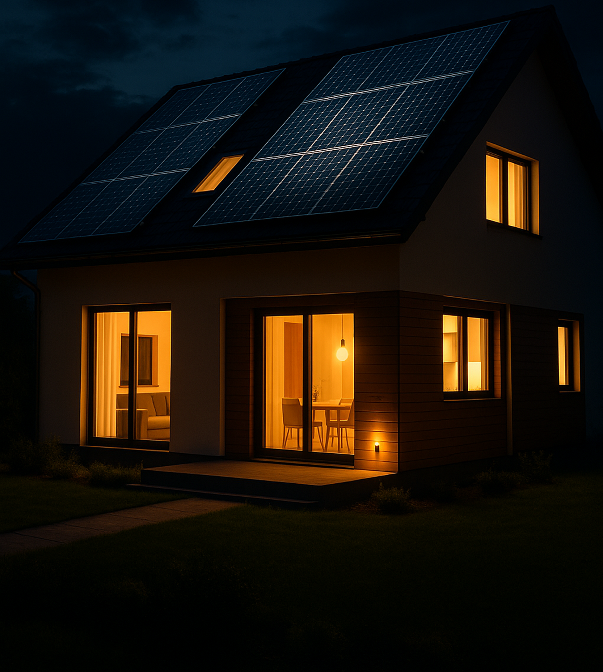 Vivienda moderna con placas solares encendida durante la noche, simbolizando el respaldo energético ante apagones.